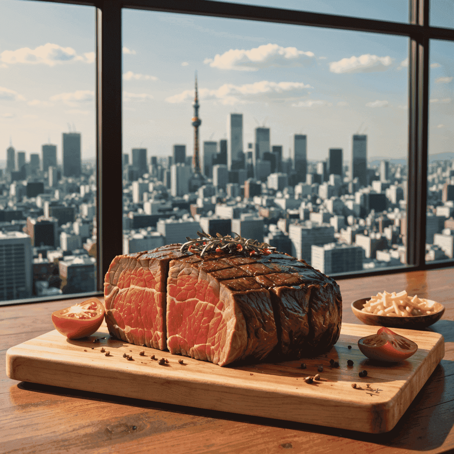 A vibrant image of various cuts of organic beef arranged on a wooden cutting board, with Tokyo's skyline visible through a window in the background