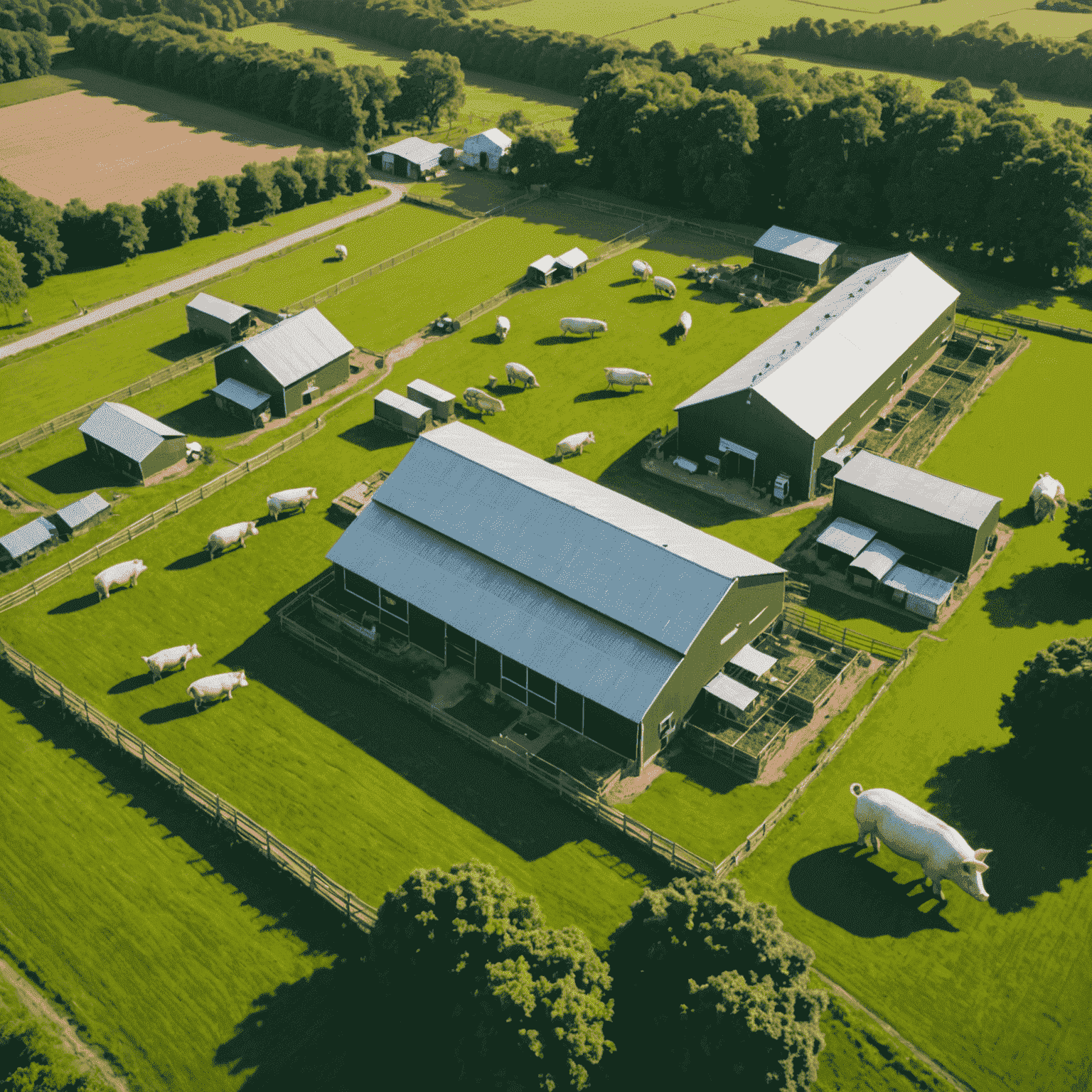 Aerial view of a sustainable pork farm with pigs roaming freely in a lush green pasture, surrounded by modern eco-friendly farm buildings