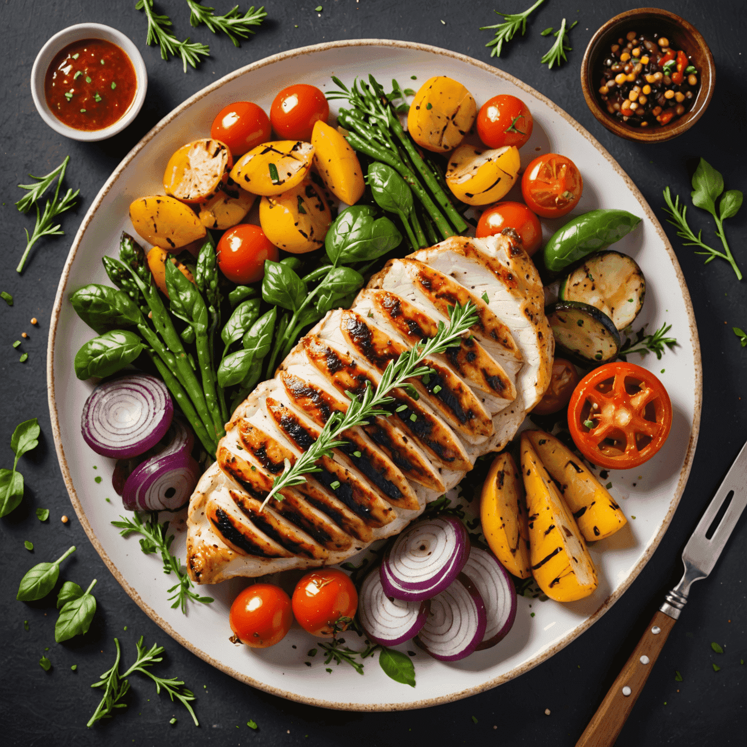 A plate of grilled organic chicken breast with fresh herbs and vegetables, showcasing the vibrant colors and quality of organic poultry