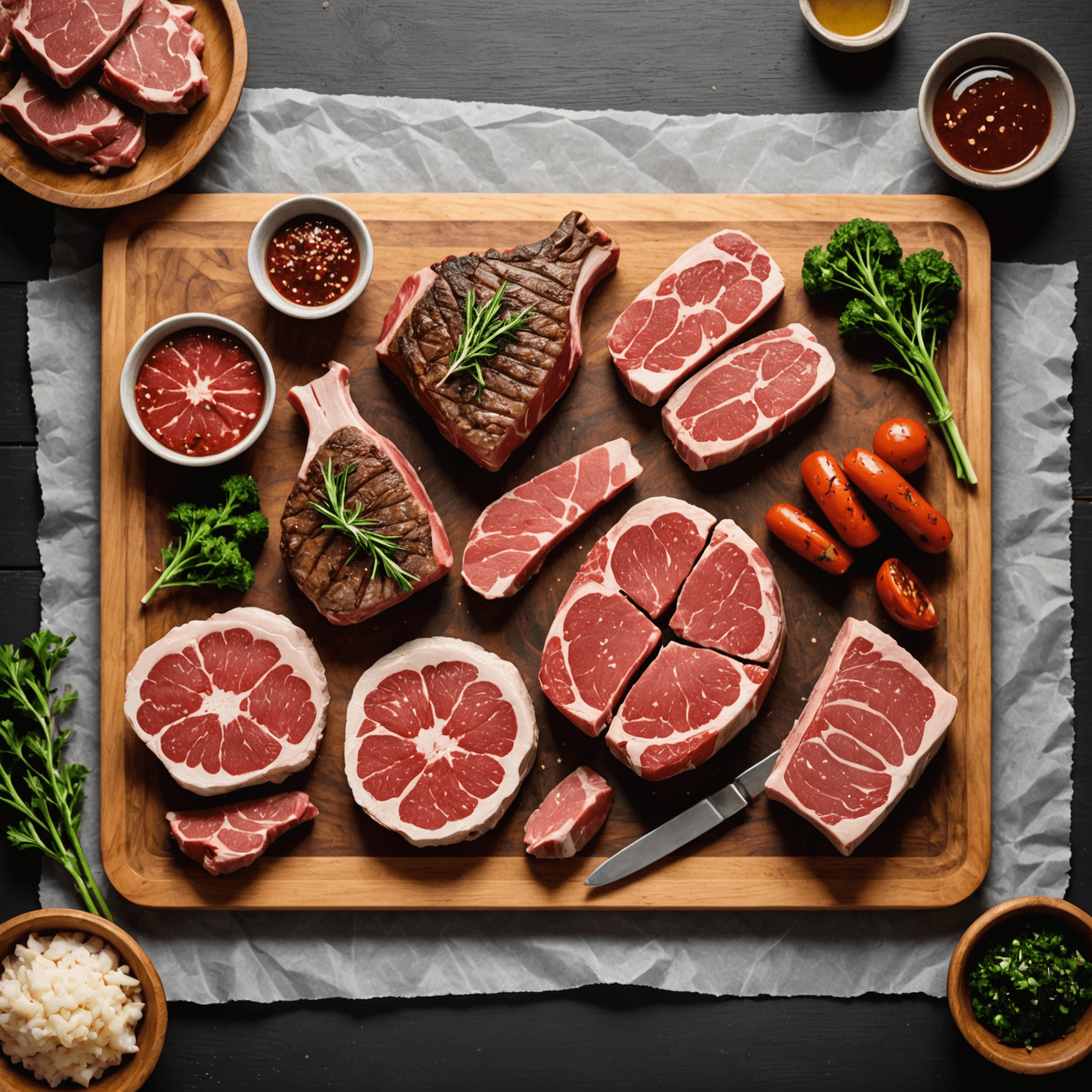 Various premium meat cuts displayed on a wooden cutting board, including wagyu beef, organic chicken, and lamb chops. The meats are arranged artfully, showcasing their marbling and quality.