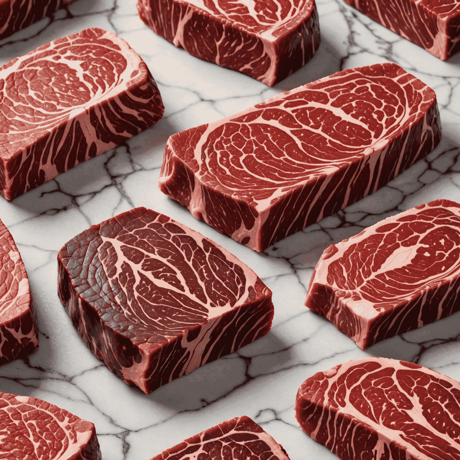 A beautifully marbled Wagyu beef steak, deep red with intricate white fat lines running through it