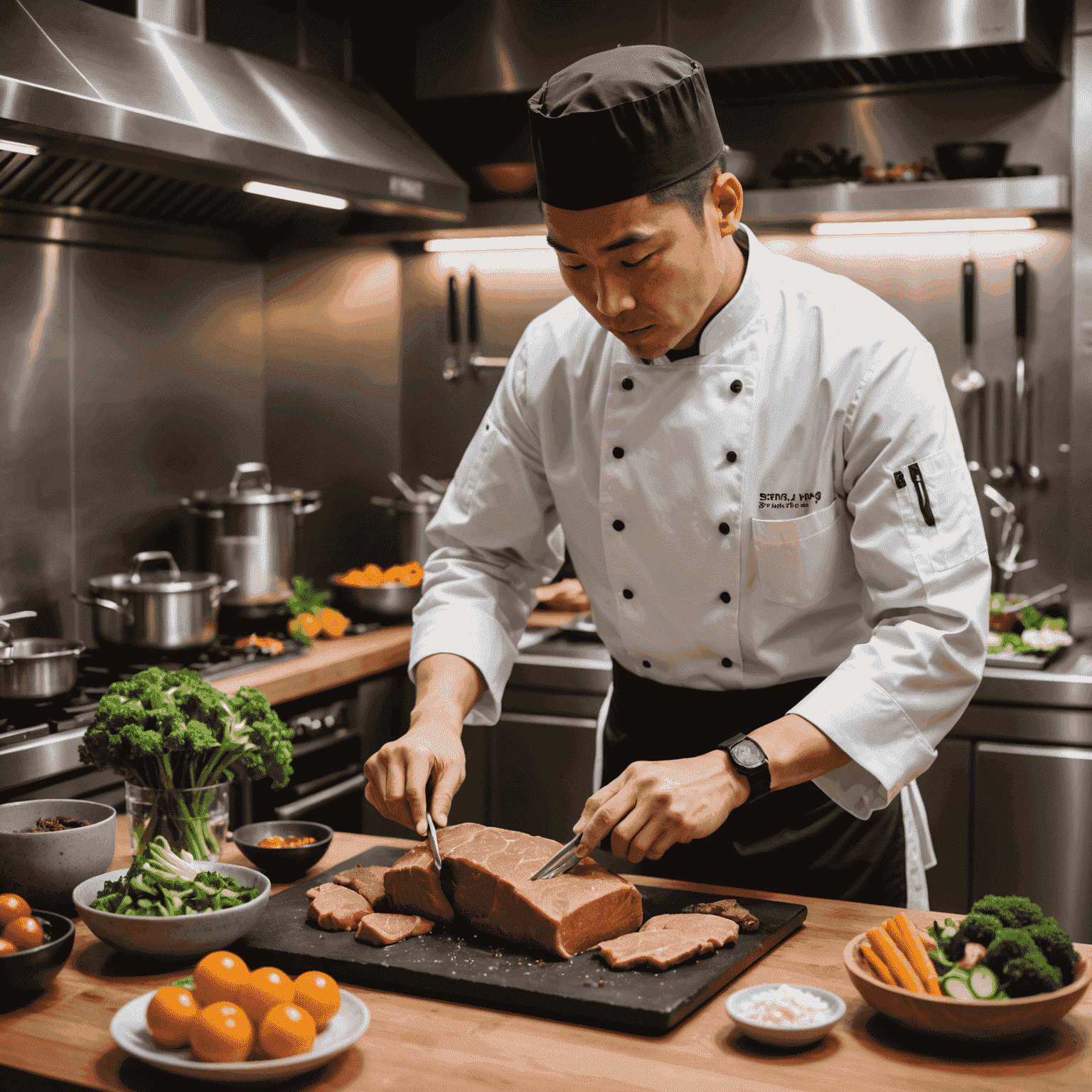 A stylish Tokyo chef preparing organic beef using the sous vide method in a modern kitchen, with sleek utensils and vibrant vegetables in the foreground