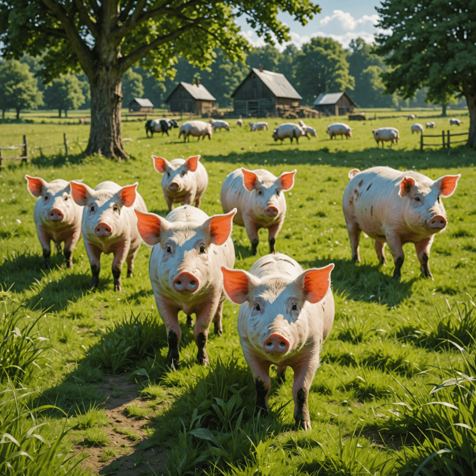 Happy pigs roaming freely in a large grassy field with trees, showcasing the free-range farming method