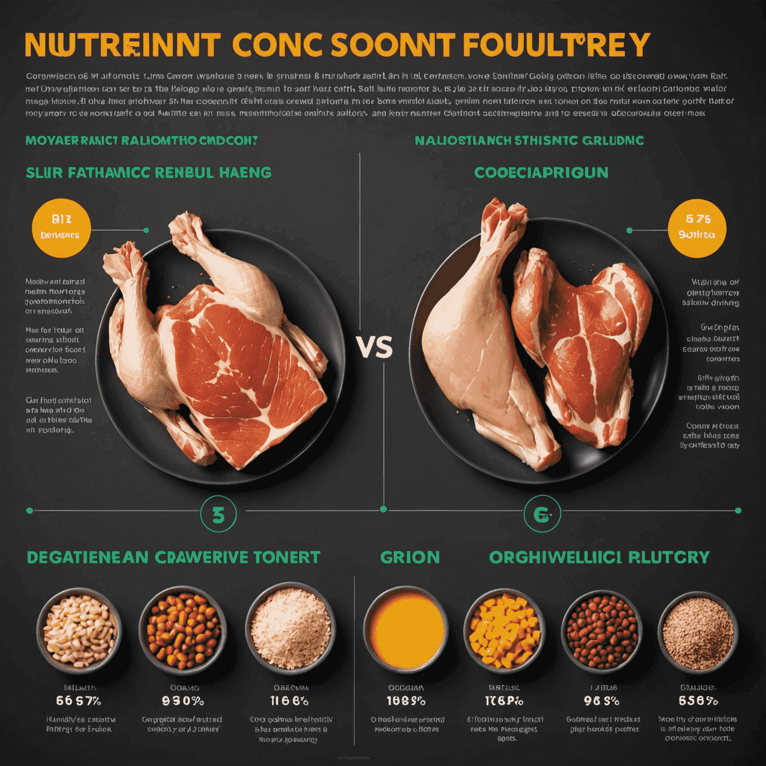 Infographic comparing nutrient content of organic vs. conventional poultry, highlighting higher omega-3, vitamin E, and selenium levels in organic meat