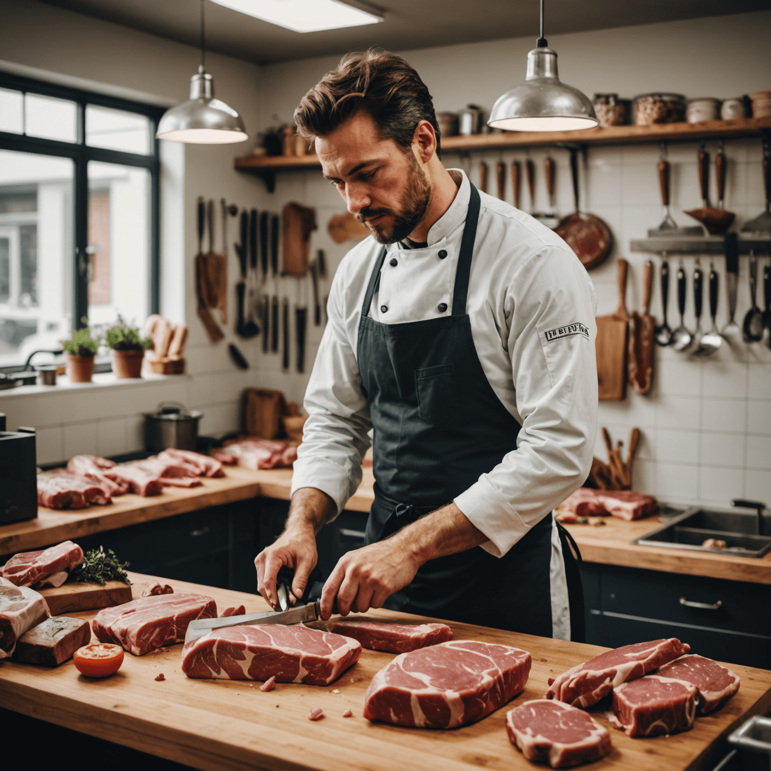 A skilled butcher in a clean, modern workspace carefully preparing a cut of meat. The image shows various butchery tools and a selection of fresh, organic meats in the background.