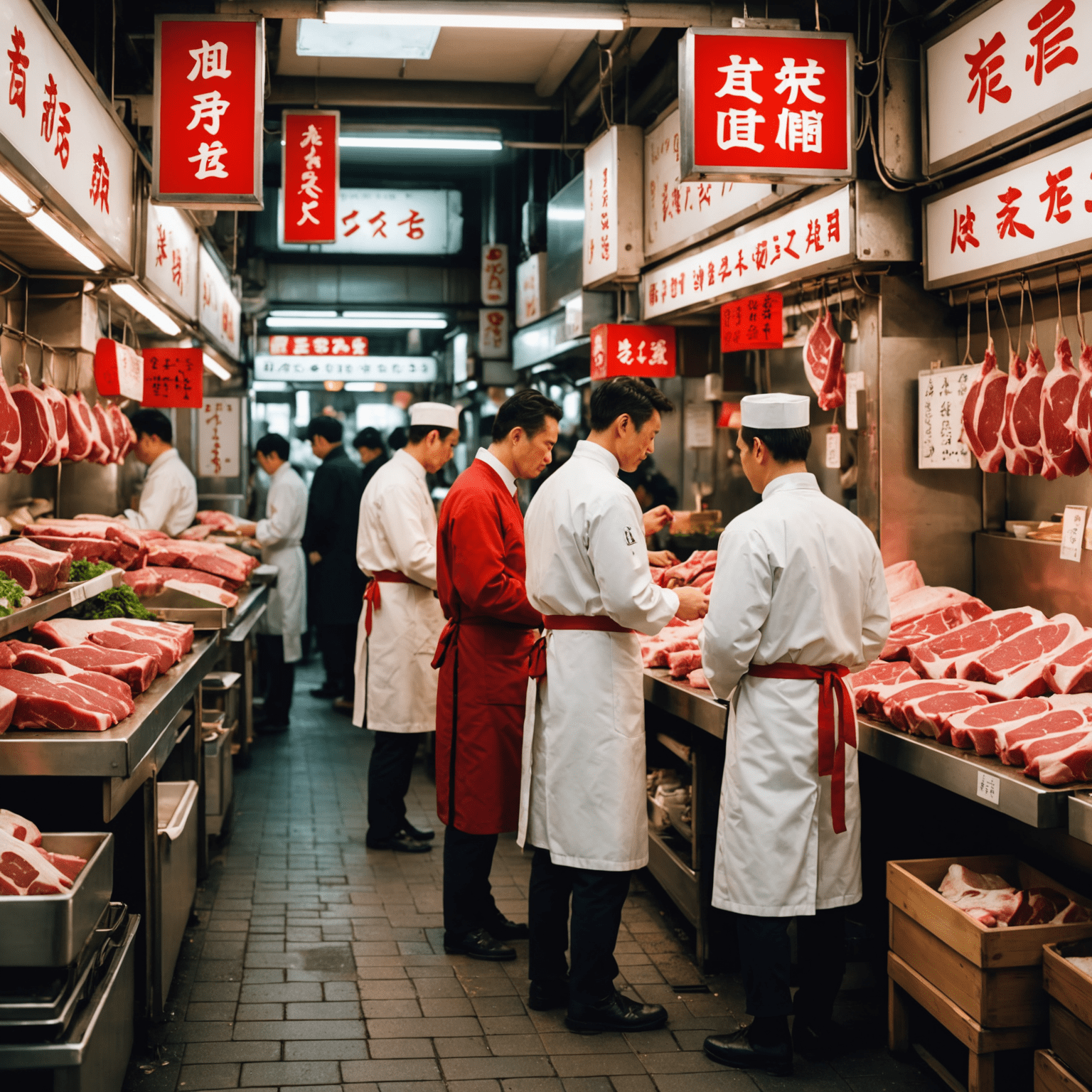 A bustling organic meat market in Tokyo with customers browsing various cuts of beef, bright red signage, and butchers in traditional white uniforms