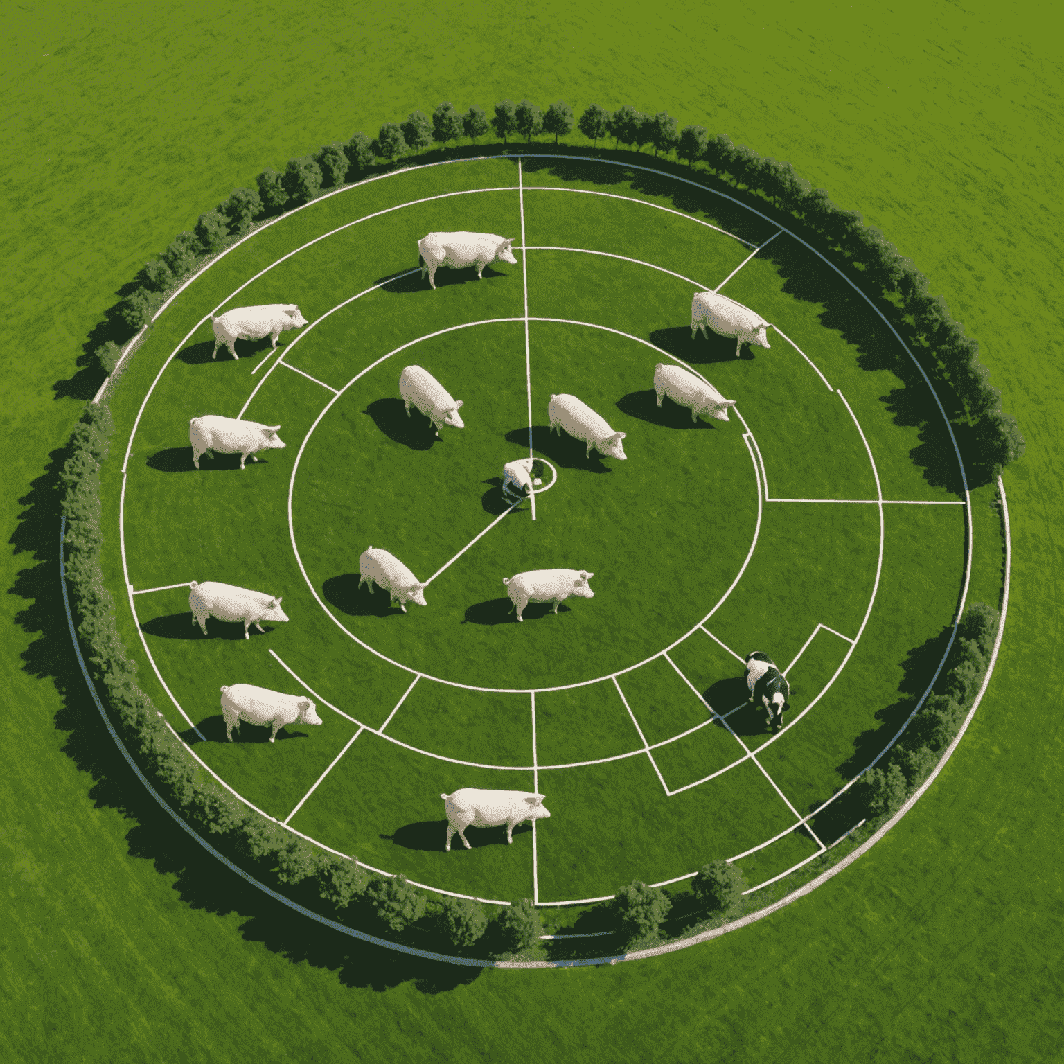 Diagram showing a rotational grazing system with multiple pastures and pigs being moved between them