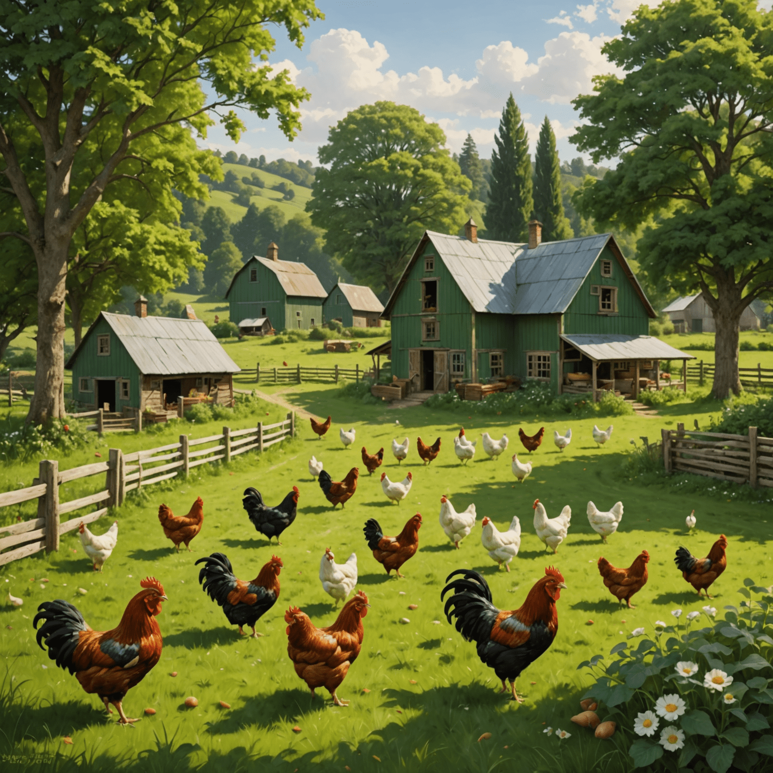 Organic farm scene with free-range chickens roaming in a lush, green pasture, emphasizing the natural and healthy environment of organic poultry