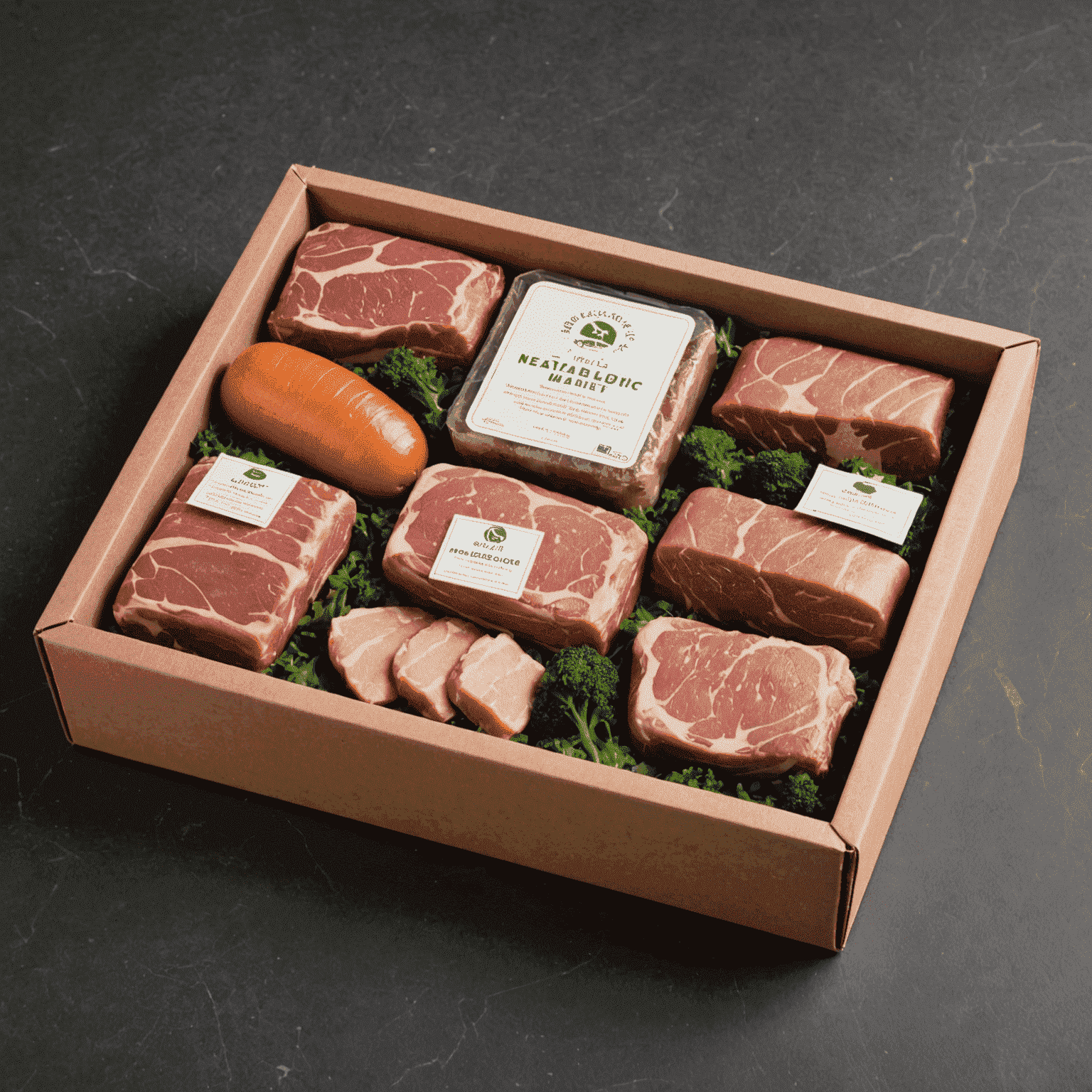 A neatly packaged box of various organic meats ready for delivery. The box is branded with the shop's logo and contains an assortment of vacuum-sealed premium cuts.