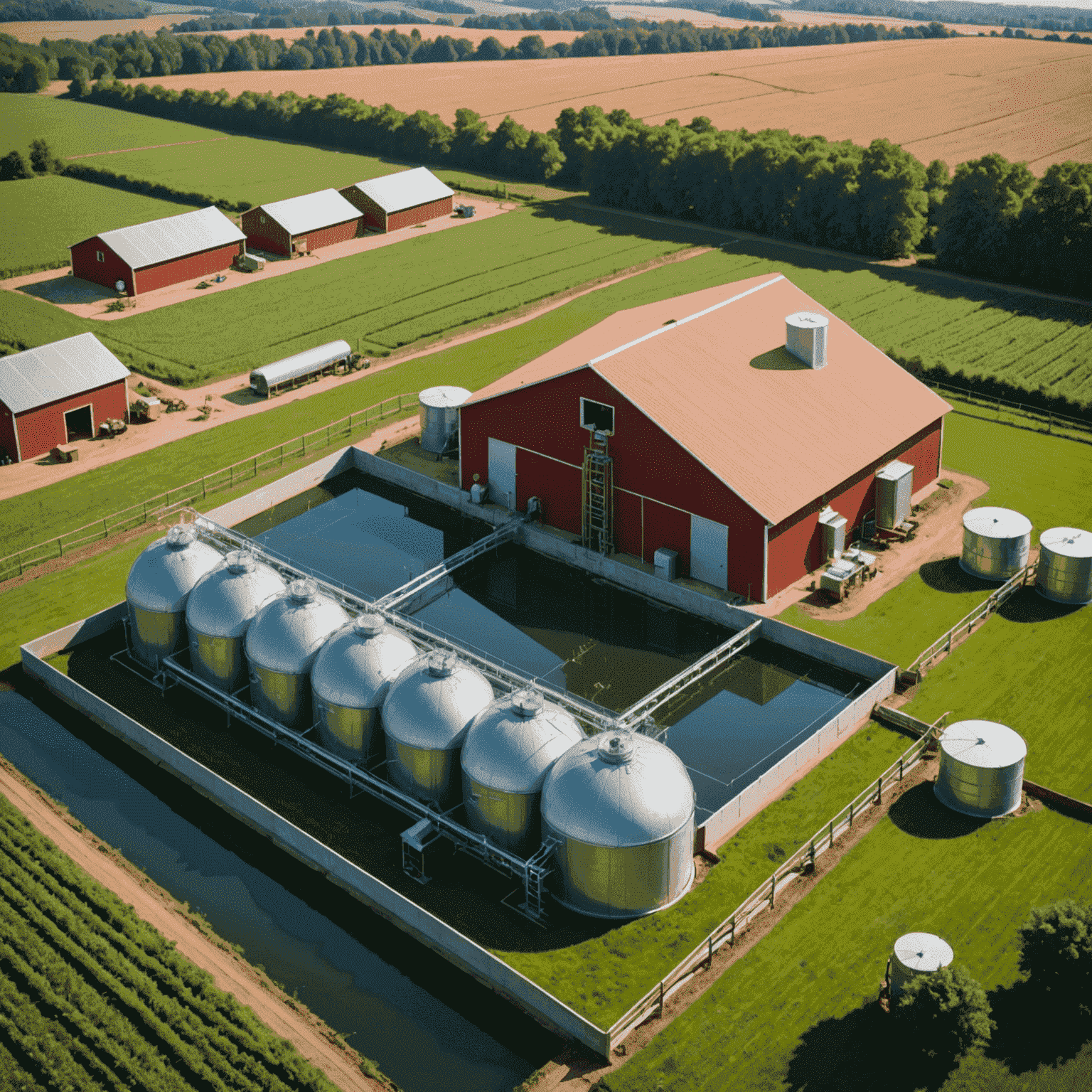 Modern rainwater harvesting system on a sustainable pork farm, with large tanks collecting water from barn roofs