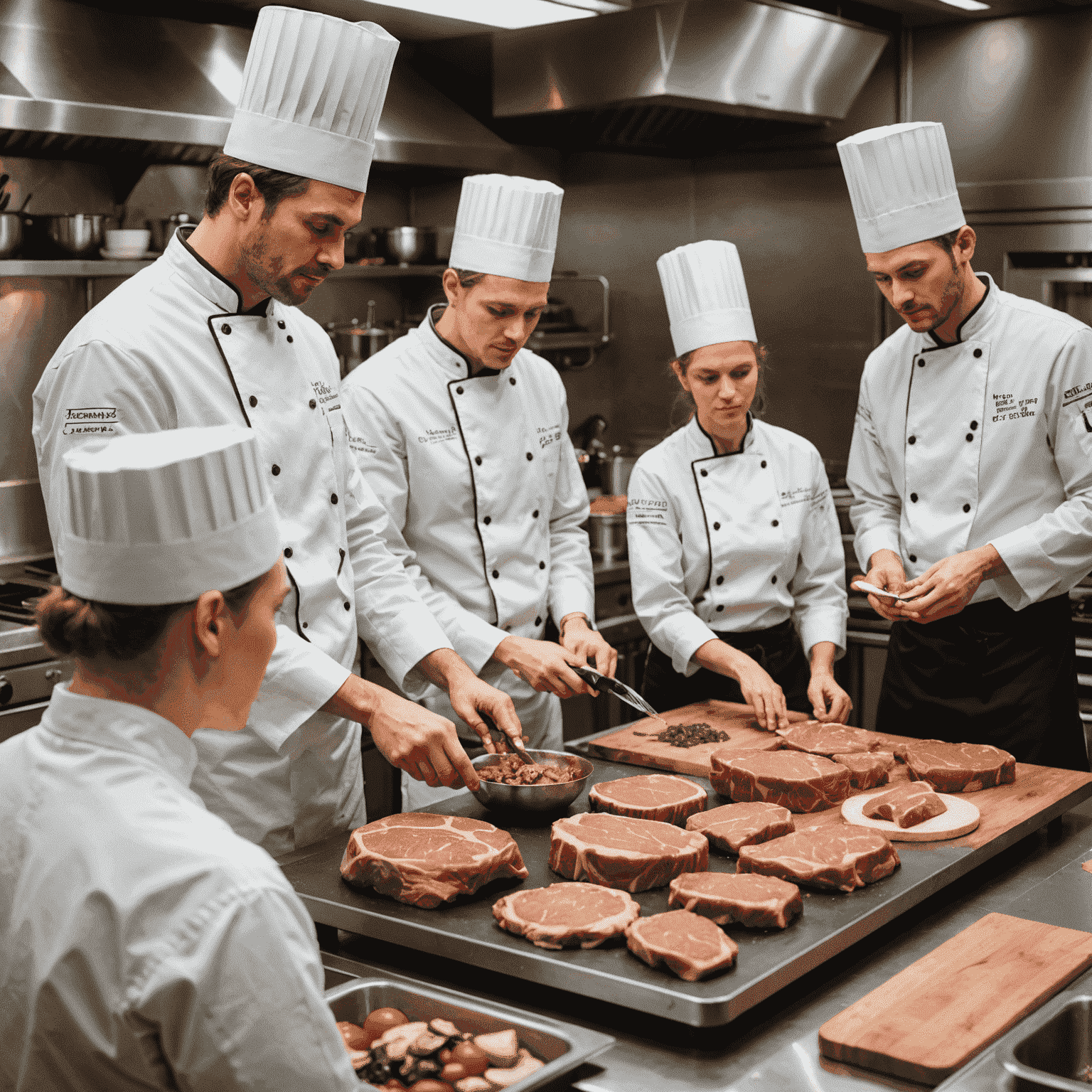 A professional chef demonstrating meat preparation techniques to a small group of attentive students in a modern, well-equipped kitchen. Various organic meat cuts are visible on the workstation.