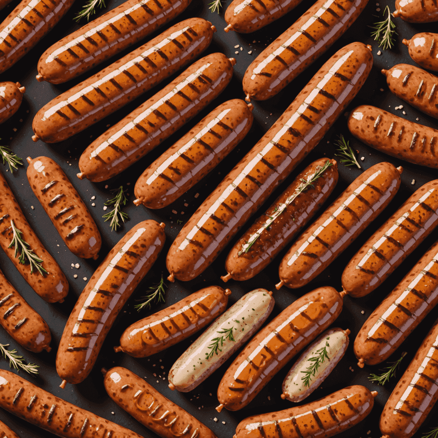 A variety of fresh, organic sausages including bratwurst, chorizo, and Italian sausage