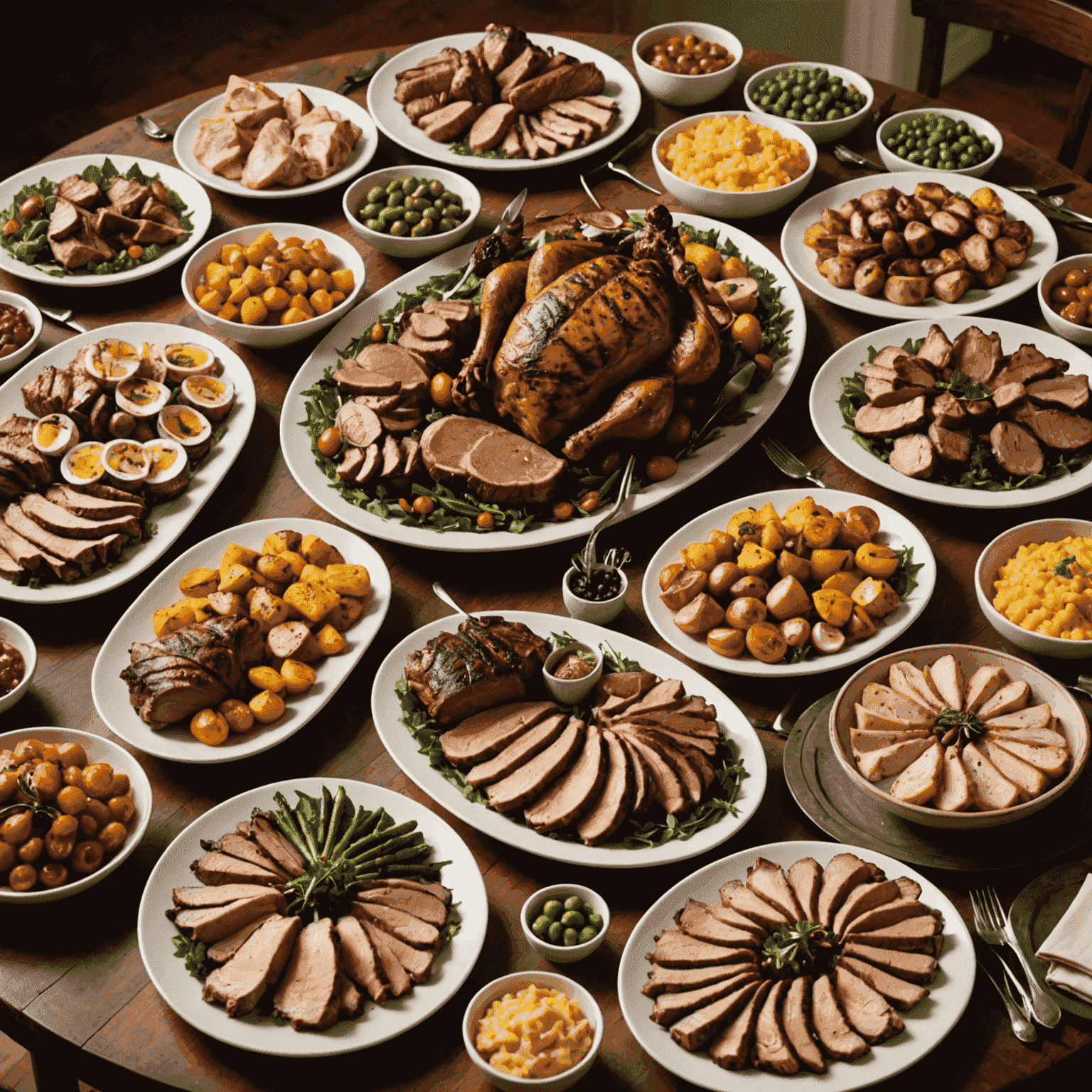 An elegantly presented catering spread featuring a variety of cooked organic meats. The image shows beautifully arranged platters with grilled steaks, roasted chicken, and gourmet meat appetizers.